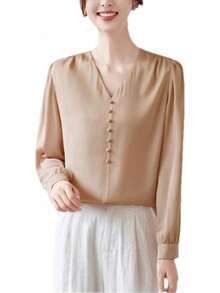 Blusa de manga larga plisada de seda con abalorio y cuello en V para mujer - Morado - Ver 11