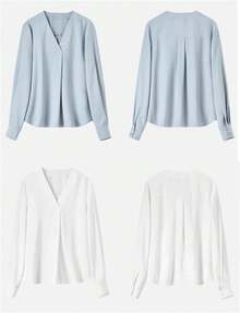 Blusa holgada formal con cuello en V y manga larga para mujer, con pliegues de negocios - azul claro - Ver 4
