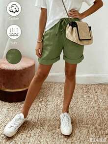 Pantalones cortos de verano de mujer de lino casual con cordón y dobladillo enrollado, con tela de textura de lino, diseño de cintura elástica con cordón y detalles de dobladillo e - verde claro - Ver 5