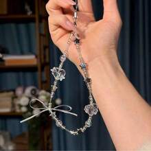 Crystal Transparent Heart Beaded Silver Bow Phone Lanyard Anti-Loss Wrist Strap Portable Personalized Phone Strap Beaded Bag Charm Keychain - White - View 6