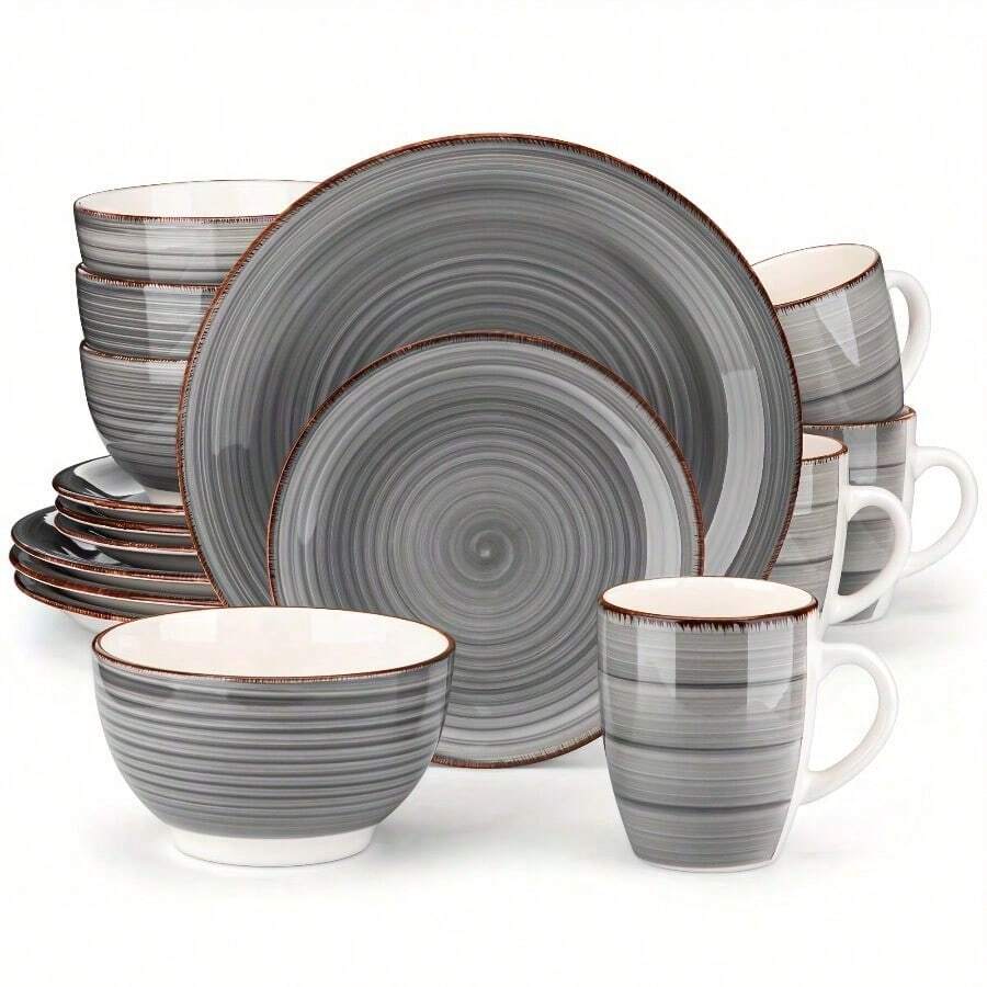 Set Of 16 Handcrafted Stoneware Plates For Dining, Serves Four - Gray - View 1