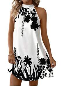 - Vestido corto sin mangas con estampado floral para mujer, cuello halter, línea A - Negro - - Ver 19