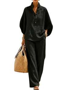 Conjunto de Dos Piezas de Lino y Algodón para Mujer con Manga de Murciélago, Camisa con Botones y Pantalones de Pierna Ancha, Atuendo Casual de Verano - Negro - Ver 8