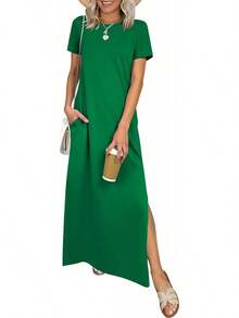 ANRABESS - Vestido largo casual de verano para mujer, manga corta, cuello redondo, dividido, sin arrugas, para viajes, playa, día festivo - Verde bosque - Ver 24