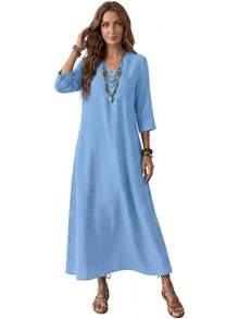 Genérico Vestido Largo de Lino de Algodón para Mujer,Manga 3/4,Vestido de Moda con Cremallera Trasera,Vestidos Largo Casual,para Playa,Invitado - Negro - Ver 14