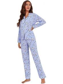 Conjunto de Pijama para Mujer con Cuello Recortado, Estampado Floral, Camisa con Botones y Pantalones Largos, Algodón, 2 Piezas, Ropa de Dormir - Amarillo - Ver 1