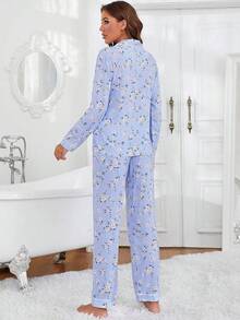 Conjunto de Pijama para Mujer con Cuello Recortado, Estampado Floral, Camisa con Botones y Pantalones Largos, Algodón, 2 Piezas, Ropa de Dormir - Amarillo - Ver 5