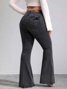 Floor-Length, High-Waisted Flare Trousers With One-Sided Rips At The Knees, High Elasticity, Fitted, Available In Multiple Shades, Retro Flowy Drape - Dark Grey - View 5
