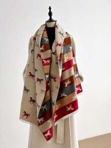 1pc Women's Letter Pattern Colorblock Jacquard Scarf, Short Tassel Scarf, Suitable For Dating, Casual And Formal Occasions - Multicolor - View 12