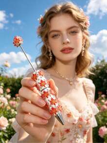 1/3/5/10/20pcs Multi-Color Flower & Mushroom Series Ballpoint Pens With Black Ink, Smooth Writing, Full Rhinestone Cover, Creative DIY Beaded Jewelry Pens, School Office Study Supplies Gift - Multicolor - View 6
