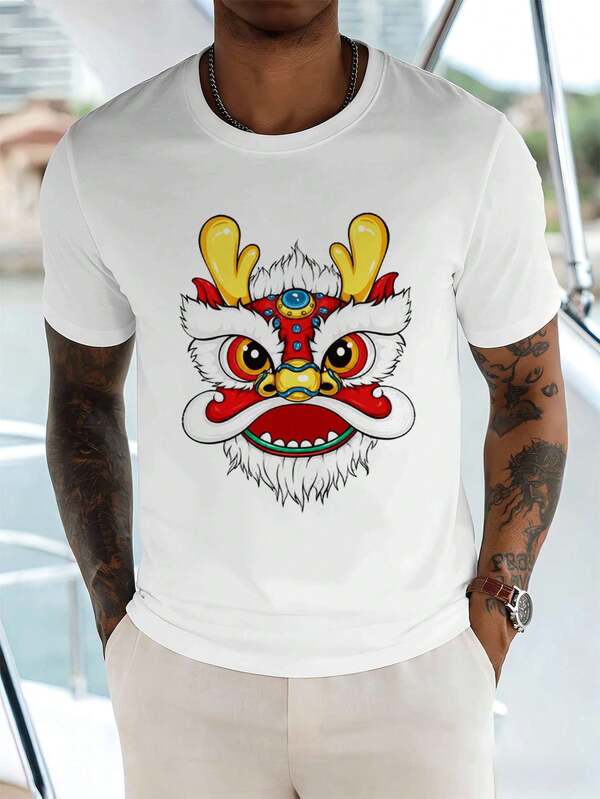 Men's "Dragon Sleeve" Graphic T-Shirt, Crew Neck, Relaxed Fit, Casual, Comfortable Fit, Unique Graphic Print