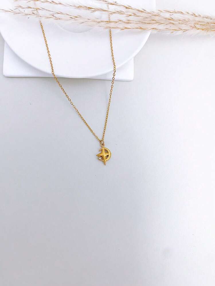 不鏽鋼防水耐褪色復古可愛小太陽月亮星星圖案吊墜項鍊，適合女性日常配戴 - 金色 - 查看 7