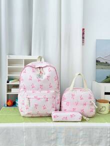 3pcs Fashionable College Style Bow Print Backpack Set, Including Backpack, Lunch Bag And Pencil Case, With Laptop Compartment, Adjustable Shoulder Straps And Multiple Pockets, Large Capacity Student Backpack Set, Multi-Functional Daypack Set, Suitable For Girls/College Students/Graduate Students Daily Use/Vacation/Travel/Back To School - Multicolor - View 14