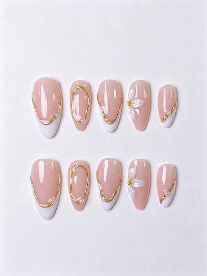10pcs Handmade Press-On Nails, Short Fake Nails, French Manicure, Almond Shape, Gold, Pink, White, Cute, New Year, Elegant Luxury Style, Hand-Carved White Three-Petal Flower And Asymmetrical Metallic French Nail Tips With Gold Underwire