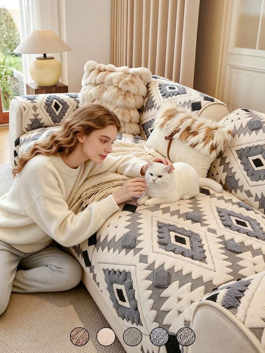 1pc Boho Geometric Tufted Sofa Cover, Skin-Friendly Anti-Scratch Pet Friendly Couch Protector, Washable All Season Universal Furniture Slipcover For Living Room