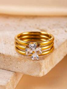 3 piezas Anillos de acero inoxidable con strass en forma de corazón 3 en 1 desmontables y personalizados, 3 piezas Anillos apilables de trébol de cuatro hojas de la suerte de lujo francés para mujer - Dorado - Ver 3