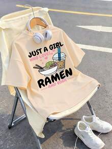This Rose Red Casual Crew Neck T-Shirt Is Designed For Girls And Features A Creative Ramen Letter Pattern, Making It A Perfect Choice For Every Little Girl's Wardrobe. - Apricot - View 3