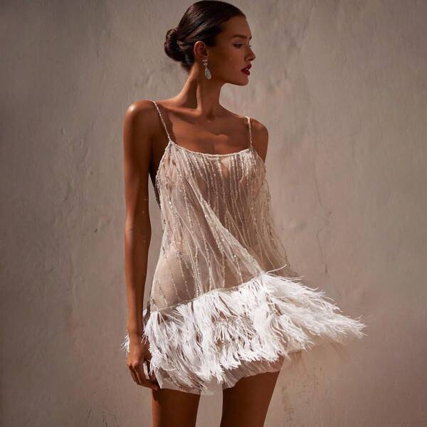 Vestido de Fiesta de Verano 2026, Vestido Corto Sexy con Espalda Descubierta, Vestido de Malla con Lentejuelas y Borlas en Capas