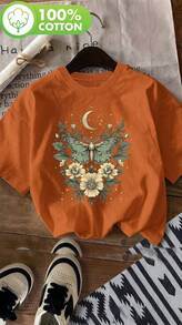 Women's Casual Short-Sleeved Round Neck T-Shirt With A Print Of Moths, Butterflies, Crescent Moon And Stars, Loose Fit, Machine Washable - SafetyOrange - View 1