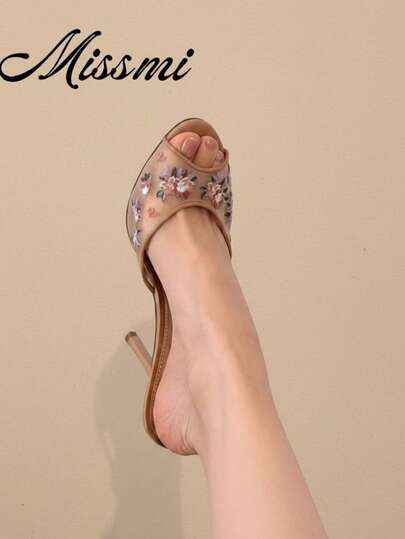 2026 Early Spring New Thin Heel Round Toe Peep Toe Outdoor Slippers Sexy High Heel Mesh French Style Sandals Women's Shoes