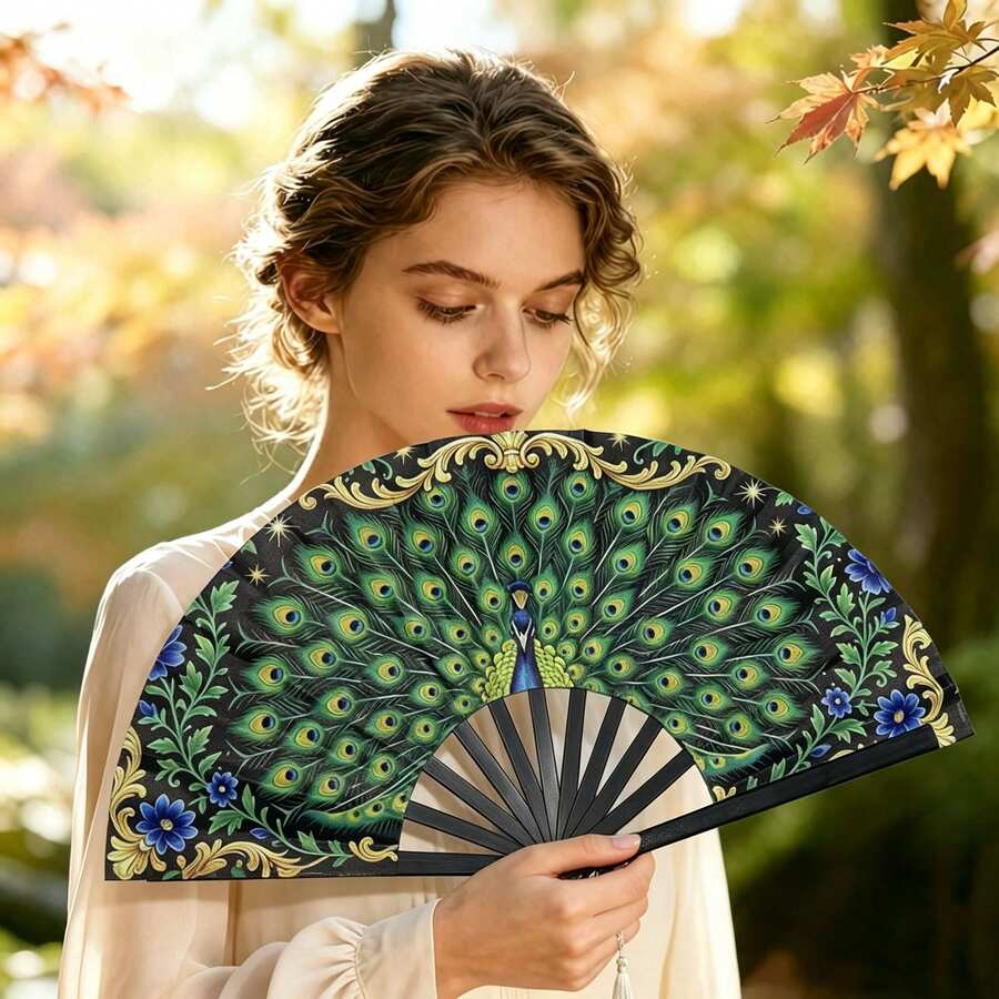 1/3/5pcs Foldable Portable Handheld Fan, Exquisite Peacock Print Pattern With Gold Foil Accents And Blue Floral Design, Premium Smooth Satin Fan Surface, Matte Black Textured Fan Bones, Multi-Scenario Use: Summer Cooling, Home Desktop Decor, Stage Photography Prop, High-End Gift, Suitable For Wedding Favors, Birthdays, Holidays, Anniversaries For Friends And Family - A - View 1