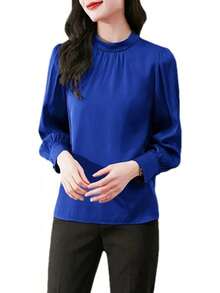 Blusa formal de manga larga para mujer, con cuello falso, plisada, manga abullonada, para negocios - Azul - Ver 8