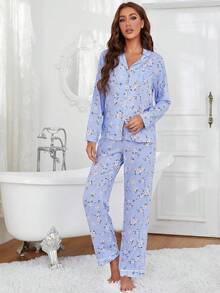 Conjunto de Pijama para Mujer con Cuello Recortado, Estampado Floral, Camisa con Botones y Pantalones Largos, Algodón, 2 Piezas, Ropa de Dormir - Amarillo - Ver 6