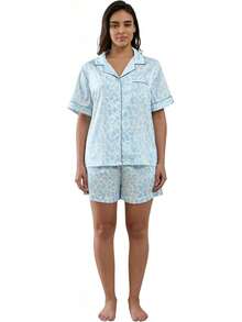 YiNi LuLu - Conjunto de pijama de satén de seda para mujer, 2 piezas, pijama de manga corta, de gran tamaño, con bolsillos - Vida pastoral - Ver 23