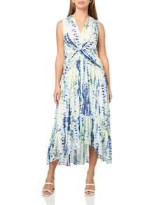 DKNY - Vestido de Manga Corta abombada hasta la Rodilla con Cierre Trasera expuesta - Iris Combo Nuevo - Ver 15
