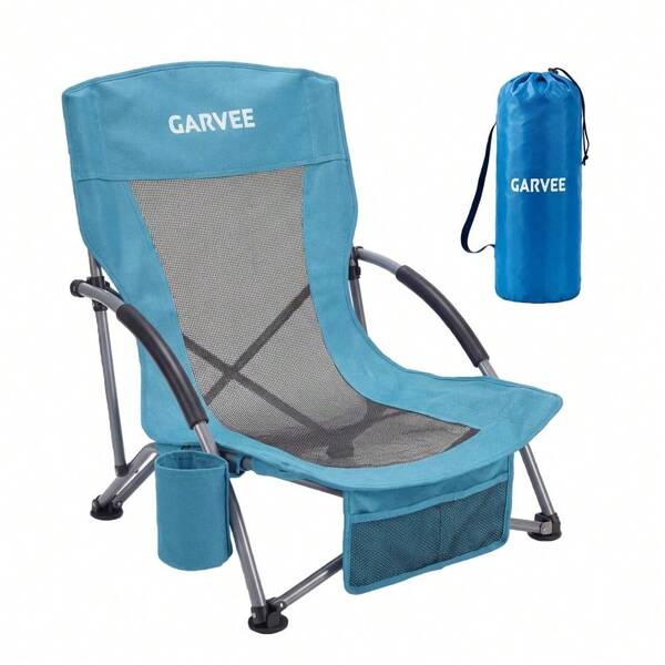 Chaise de plage basse 2/1 paquet, chaises de plage pliables et portables pour adultes – tissu en maille léger, porte-gobelet, poche de rangement, cadre en acier pliable, extérieur, camping – bleu avec tissu en maille