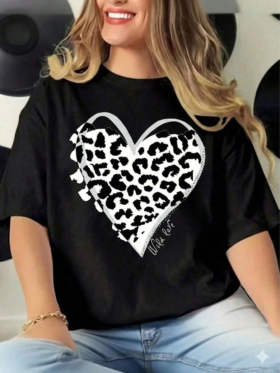 Women's Cotton T-Shirt With Round Neck And Heart Print, Women's Sportswear, Casual Women's Sportswear For Running, Walking, Outdoors, Comfortable, Lightweight, Soft Summer Blouses For Women - 黑色 - 查看 1