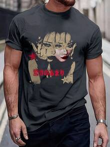 Patterned Portrait Fashion T-Shirt, Men's Casual Sports Loose Short Sleeve Black Shirt With Character Head Portrait - Black - View 8
