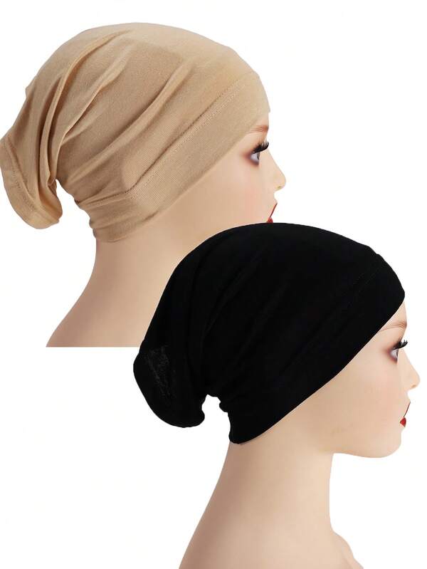 2pcs/Set Women's Solid Color Modest Hijab Elastic Muslim Headscarf Inner Cap