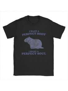 Camiseta de Hombre con Estampado de Capibara "Quiero un Cuerpo Perfecto, Quiero un Alma Perfecta" - Diseño Gráfico Divertido de Capibara y Lema, Negra con Texto Blanco y Capibara Morada, Cor - Negro - Ver 1
