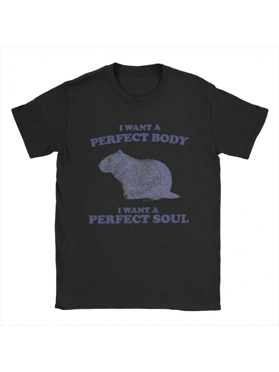 Camiseta de Hombre con Estampado de Capibara "Quiero un Cuerpo Perfecto, Quiero un Alma Perfecta" - Diseño Gráfico Divertido de Capibara y Lema, Negra con Texto Blanco y Capibara Morada, Cor - Negro - Ver 1