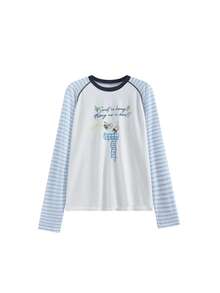 Women's Slogan Striped Long Sleeve Crew Neck Casual T-Shirt - Blue - View 6
