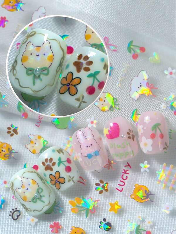 1 Pack Soft Cute Plush Animal 3D Shallow Relief Holographic Laser Nail Stickers With Fine Glitter Iridescent Luster, Featuring Shiba Inu, Orange Cat, Lop-Eared Rabbit, Little Frog, Little Bee, Cotton Candy Lamb And Other Adorable Pets, Paired With Pink Satin Bows, Cherries, Tulips, White Flowers, Plaid And Four-Pointed Stars