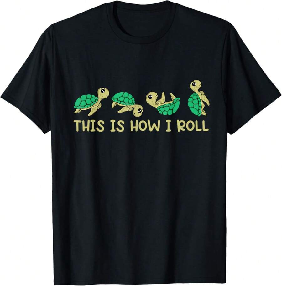 Camiseta infantil de tortuga marina "This Is How I Roll" – Moda verano para niños, diseño divertido de tortuga, estilo holgado y fresco, cuello redondo, manga corta, regalo - Negro - Ver 1