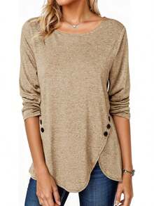 Fisoew - Blusa casual de manga larga para mujer, cuello redondo, botones laterales - X-negro - Ver 11