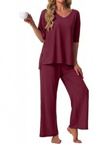 PrinStory - Conjunto de pijama de manga corta para mujer, conjunto de pijama de 2 piezas para mujer, cómodo ropa de descanso con bolsillos - Azul marino - Ver 15