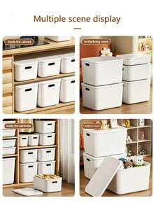 Cream White Plastic Storage Box With Lid And Side Handle, Stackable Multi-Functional Organizer Container, Large Capacity Dust-Proof Sorting Bin, Suitable For Wardrobe, Toys, Cosmetics, Groceries, Snacks, Office Supplies, Bedroom Closet, Bathroom, Kitchen And Home Storage - White - View 8