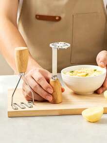 2/1 pieza Triturador de patatas multifuncional de acero inoxidable con mango de madera creativo, triturador manual de frutas y verduras de fácil presión, exprimidor de limones - eficiente y fácil de limpiar, triturador de verduras de cocina con mango antideslizante, ahorrador de espacio y duradero, suministros para restaurante, catering y carrito de comida - Multicolor - Ver 2