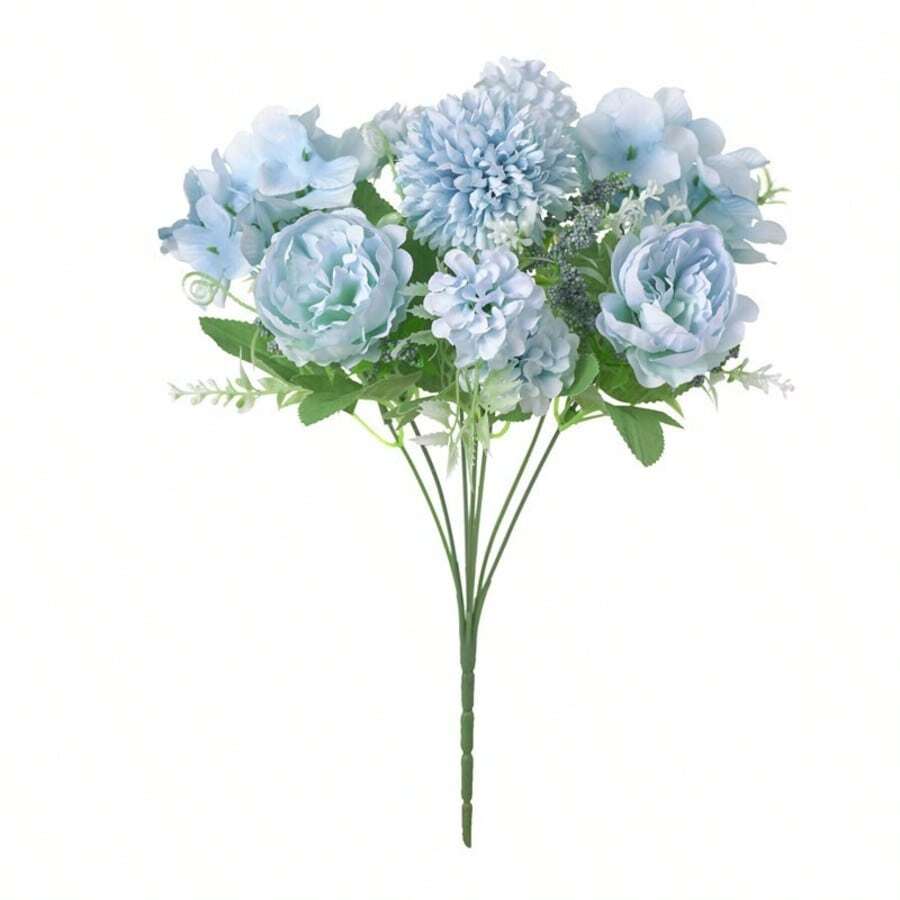1/4 Bunch Artificial Peony & Hydrangea Bouquet, Suitable For Wedding Decor, Bridal Bouquet, Wrist Corsage, Boutonniere, Wedding Car Decoration, Door Arch Decor, Home, Restaurant, Bedroom, Vase Decoration, Birthday Party Decoration Materials - Blue - View 1