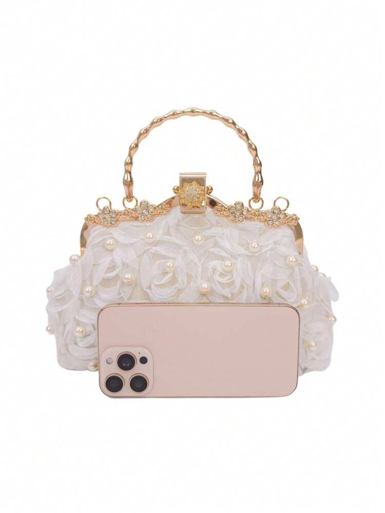 Dedoo Women's Evening Clutch Bag, Floral Top Handle Frame Handbag, Detachable Crossbody Chain, Romantic Ethereal Elegant Style, Suitable For Wedding Bride Ball Party - White - View 7