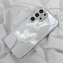 Phone Case - Artistic Qinglan White Flower New Electroplated Silver Phone Case for  Galaxy S25Ultra, S25 Plus, S25, S24Ultra, S24FE, S24, S23Ultra - Plateado - Ver 5