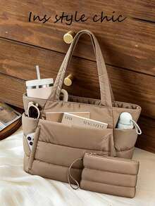 New Fashionable Classic And Multifunctional White Handbag, Simple Design, Quilted Details, Dual Top Handle Design For Shoulder, Elegant Shoulder Bag For Ladies, Suitable For N - 卡其色 - 查看 1