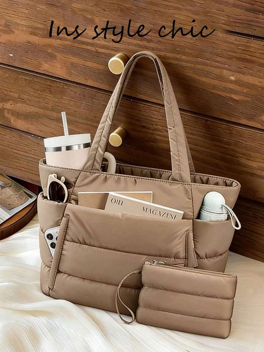 New Fashionable Classic And Multifunctional White Handbag, Simple Design, Quilted Details, Dual Top Handle Design For Shoulder, Elegant Shoulder Bag For Ladies, Suitable For N - 卡其色 - 查看 1