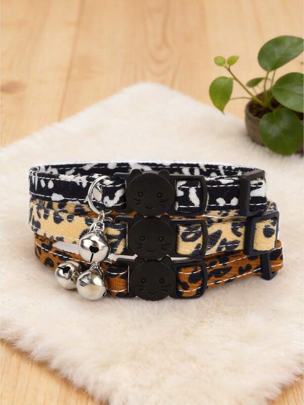 1pc/3pcs Double-Sided Leopard Print Cat Collar With Bell, Adjustable Neck Size Pet Collar