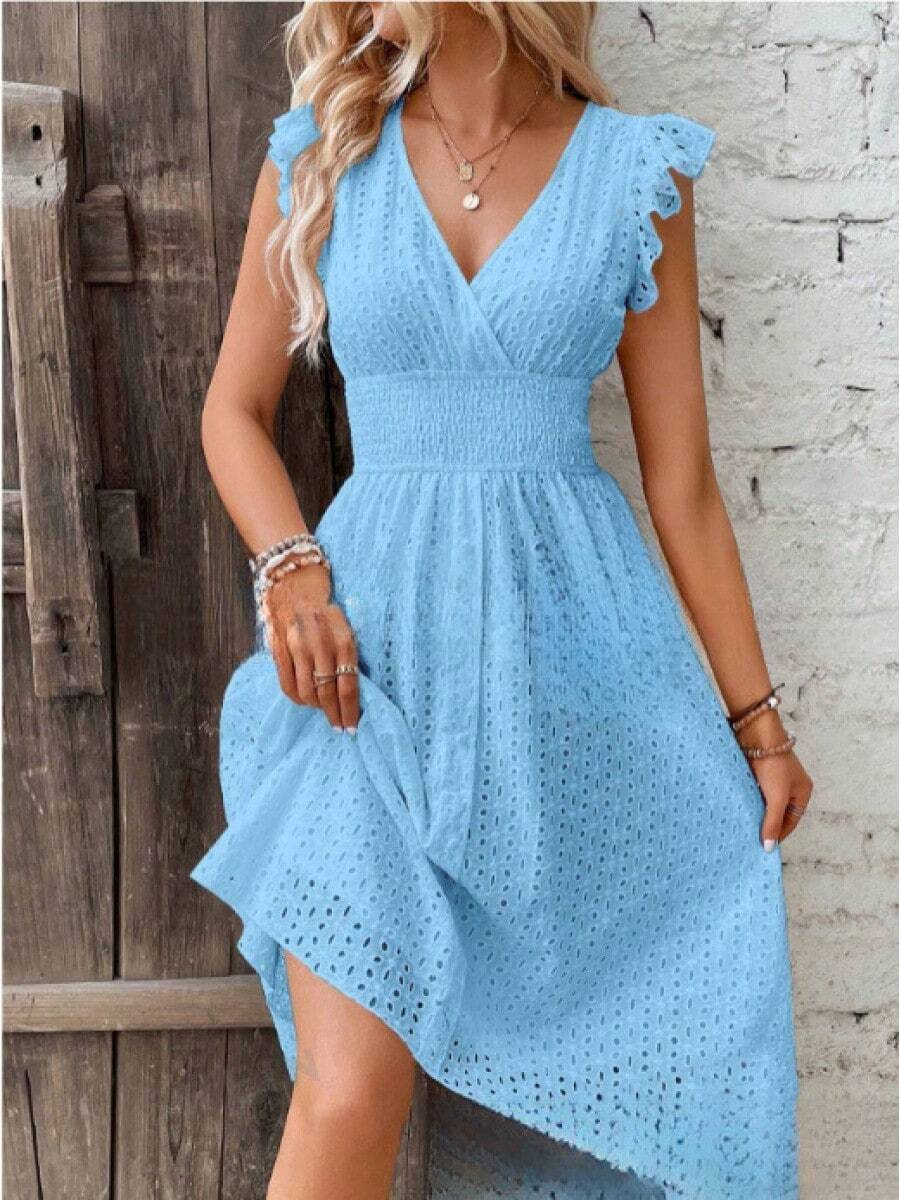 New Plus Size Summer Dress For Women: Elegant, With A Figure-Flattering V-Neck And Ruffled Sleeves. - Baby Blue - View 1