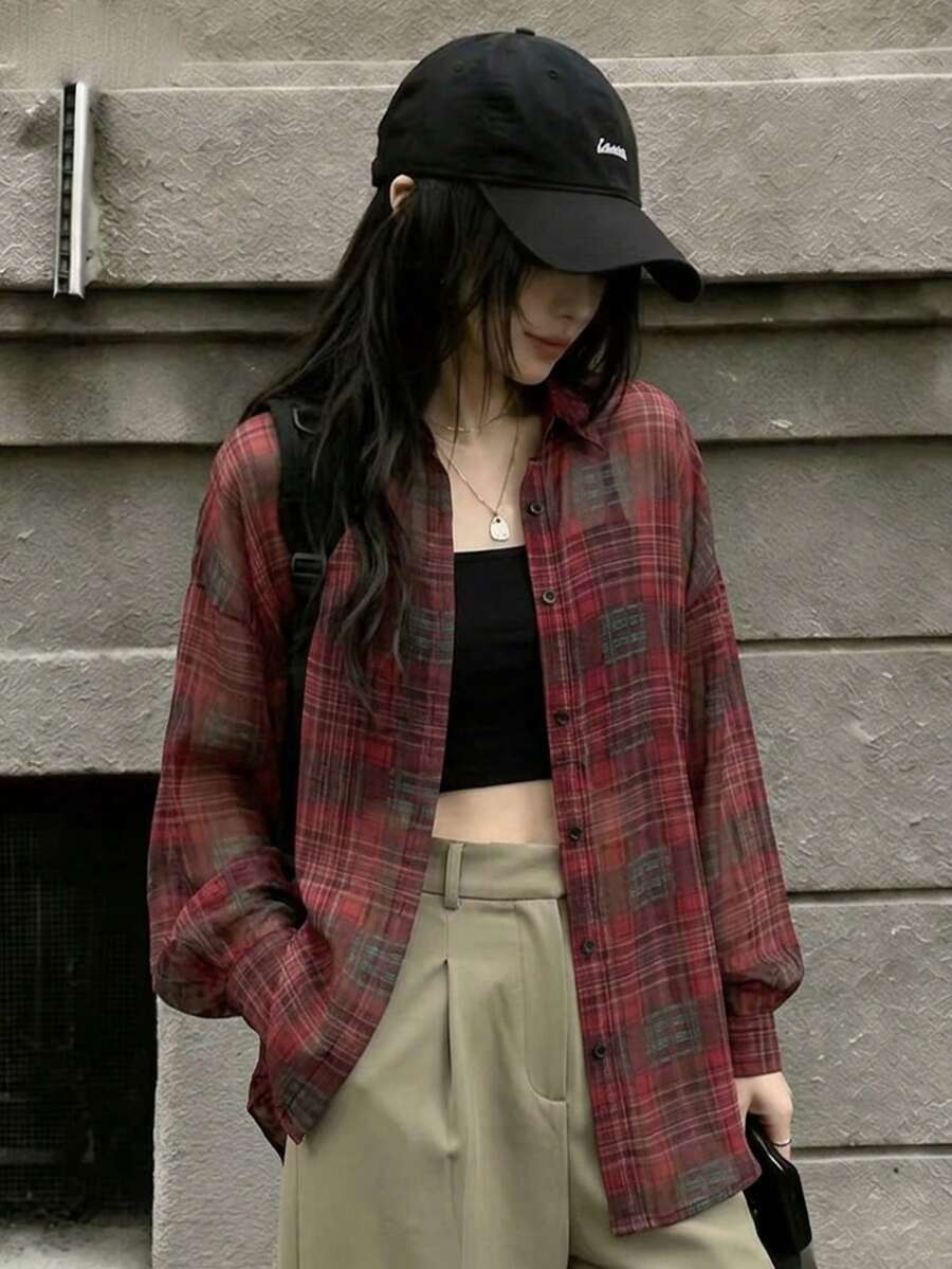 韩版宽松格子轻便休闲防晒衬衫女超大百搭时尚夹克 - 紅色 - 查看 1